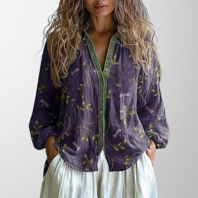 Olivia - Vintage Blouse With Leaf Print