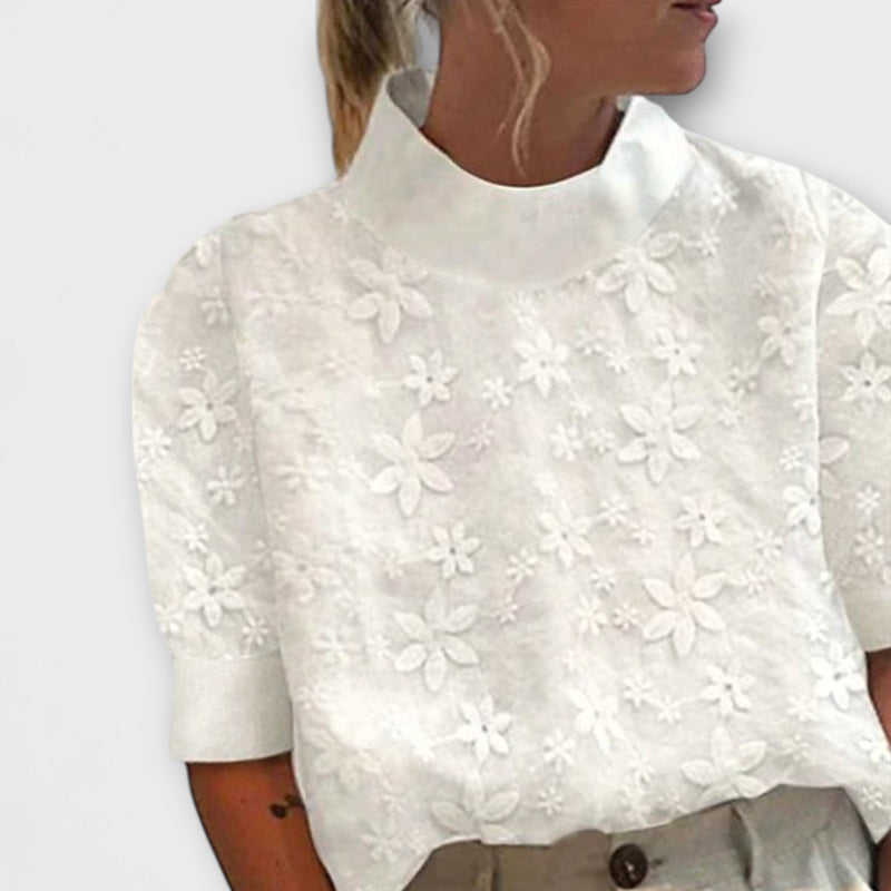 Blouse with Embroidered Plain Stand-Up Collar