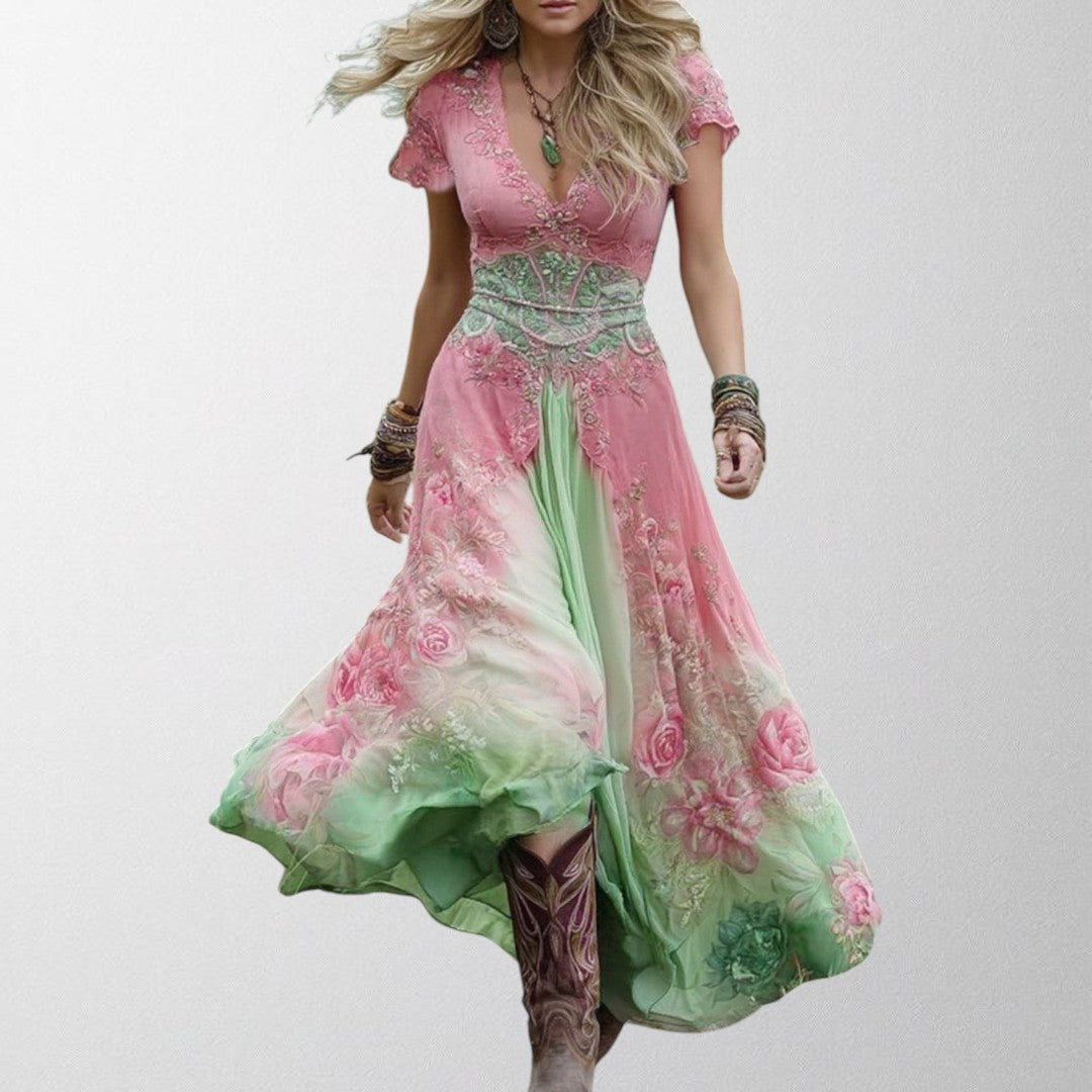 Olivia - Floral Printed Short Maxi Dress