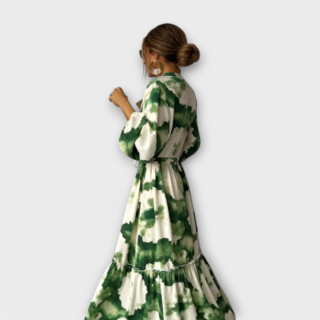 Melina – Green Maxi Dress with Long Sleeves and V-Neckline