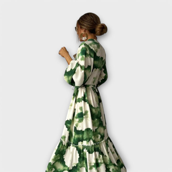 Melina – Green Maxi Dress with Long Sleeves and V-Neckline