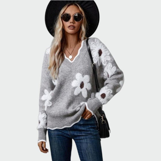 Olivia – Elegant V-Neck Floral Sweater