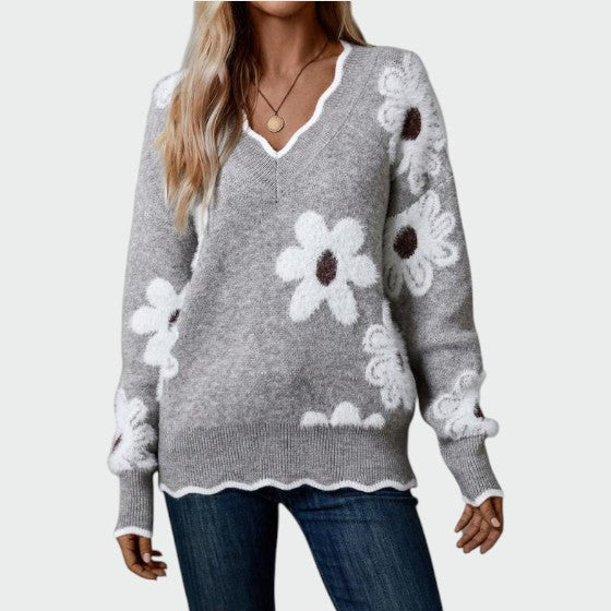 Olivia – Elegant V-Neck Floral Sweater